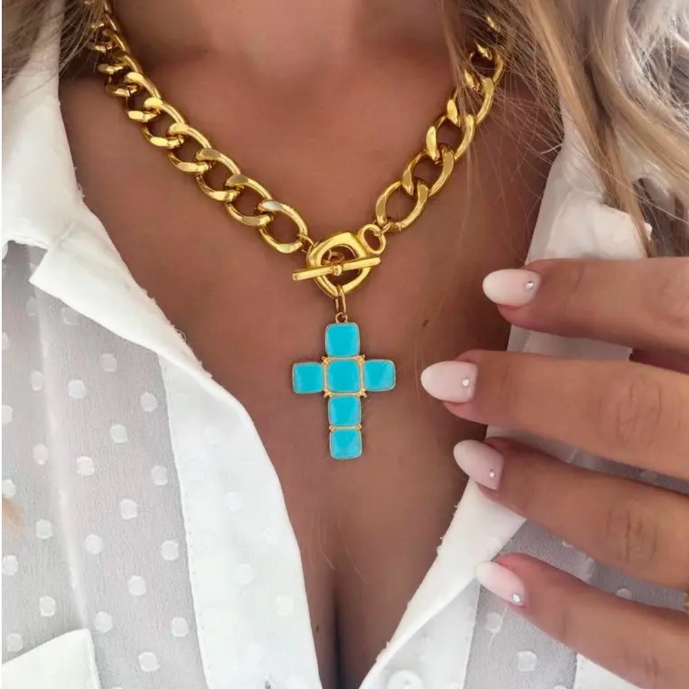 Gold Cross Necklace With Turquoise Stones